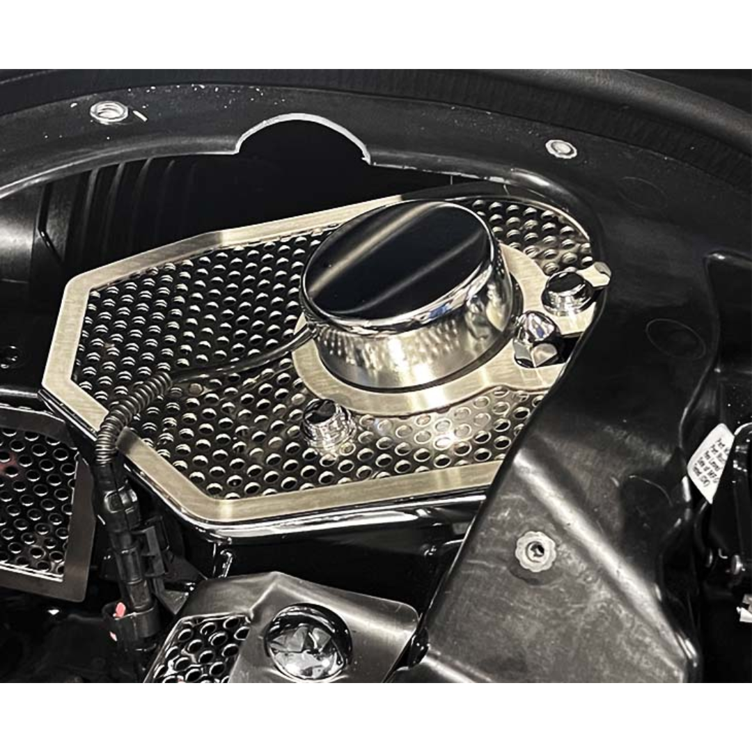 HTC C8 Corvette Shock Tower Covers with Brushed Trim | Perforated Stainless Steel