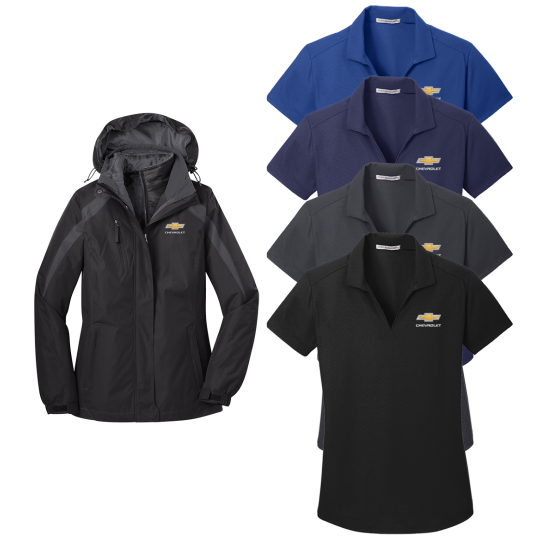 Ladies Chevrolet Gold Bowtie Performance Polo & Colorblock 3 in 1 Jacket Bundle