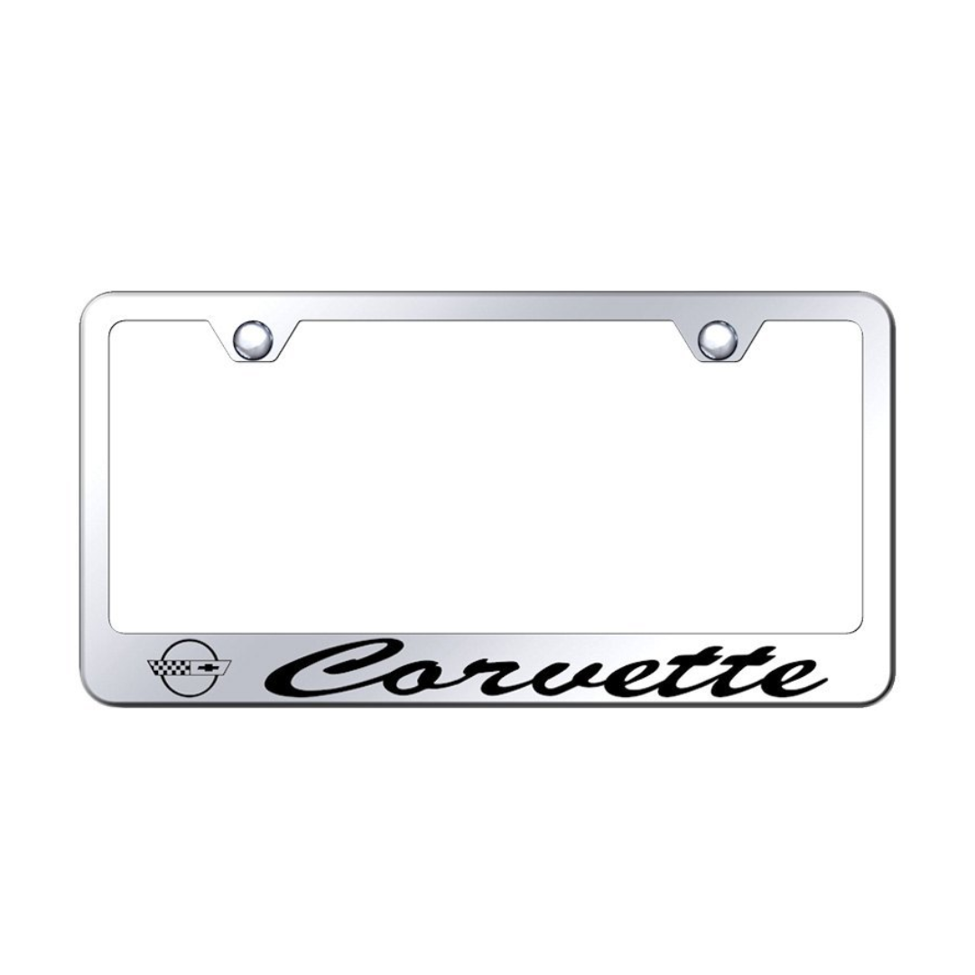 C4 Corvette License Plate Frame W/Laser Etched Logo & Cursive Script - Mirrored Chrome - CA