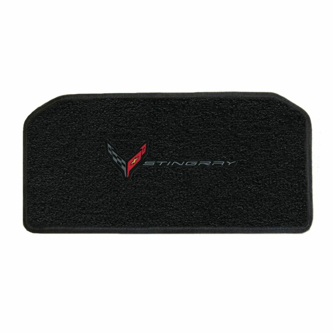 2020-2027 C8 Corvette Lloyd Luxe Frunk Mat - Black flags beside Stingray word (Lloyd 819405)