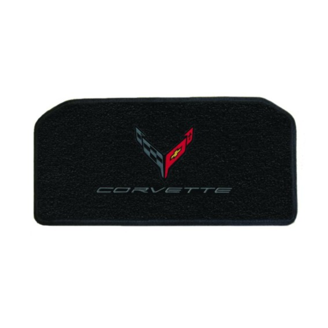2020-2027 C8 Corvette Lloyd Luxe Frunk Mat - Carbon flags stacked over Corvette word (Lloyd 819412)