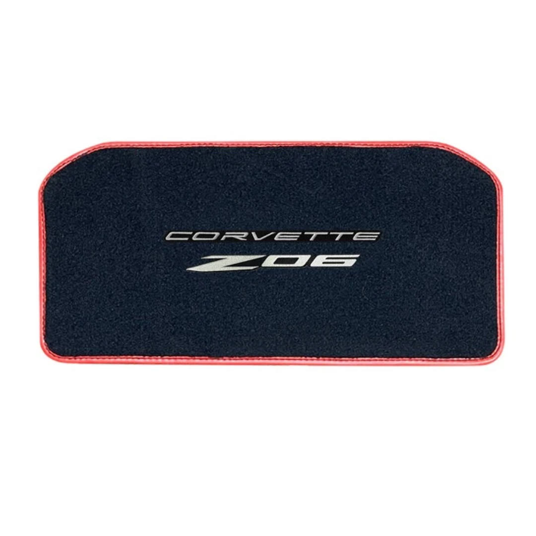 2020-2027 C8 Corvette Lloyd Ultimat Frunk Mat - Corvette word over Z06, shown in Dark Blue with red binding (Lloyd 819426)