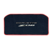2020-2027 C8 Corvette Lloyd Luxe Frunk Mat - Corvette word over Z06, shown in Dark Blue with red binding (Lloyd 819426)