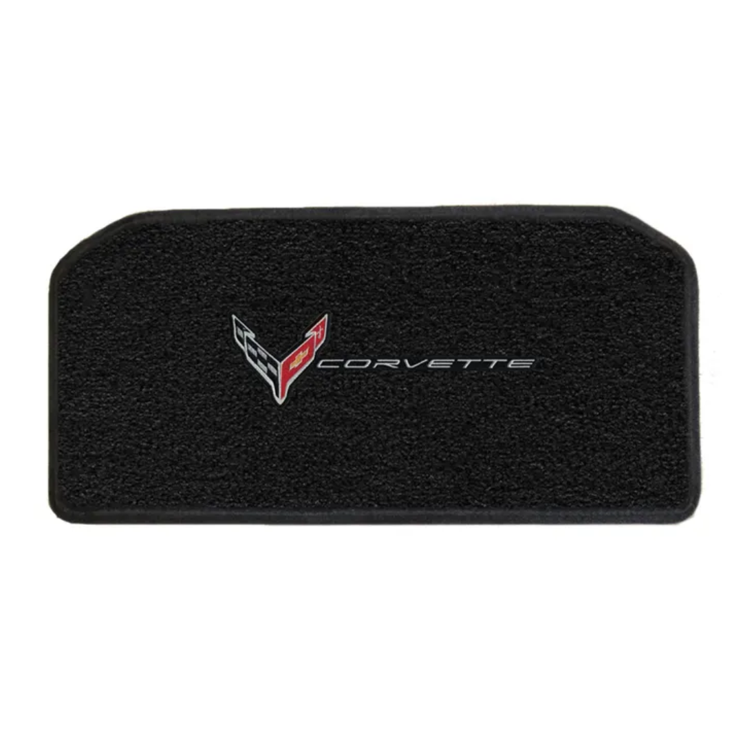 2020-2027 C8 Corvette Lloyd Luxe Frunk Mat - Silver flags beside Corvette word (Lloyd 819408)