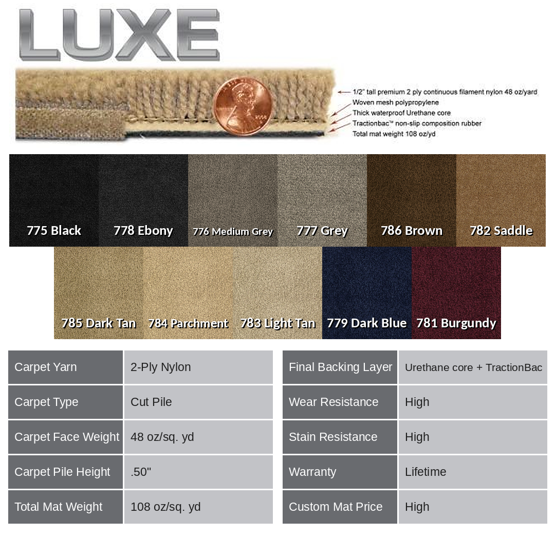 Lloyd Luxe carpet colors and specifications - 11 colors, 48 oz 2-ply nylon, half-inch pile, urethane core
