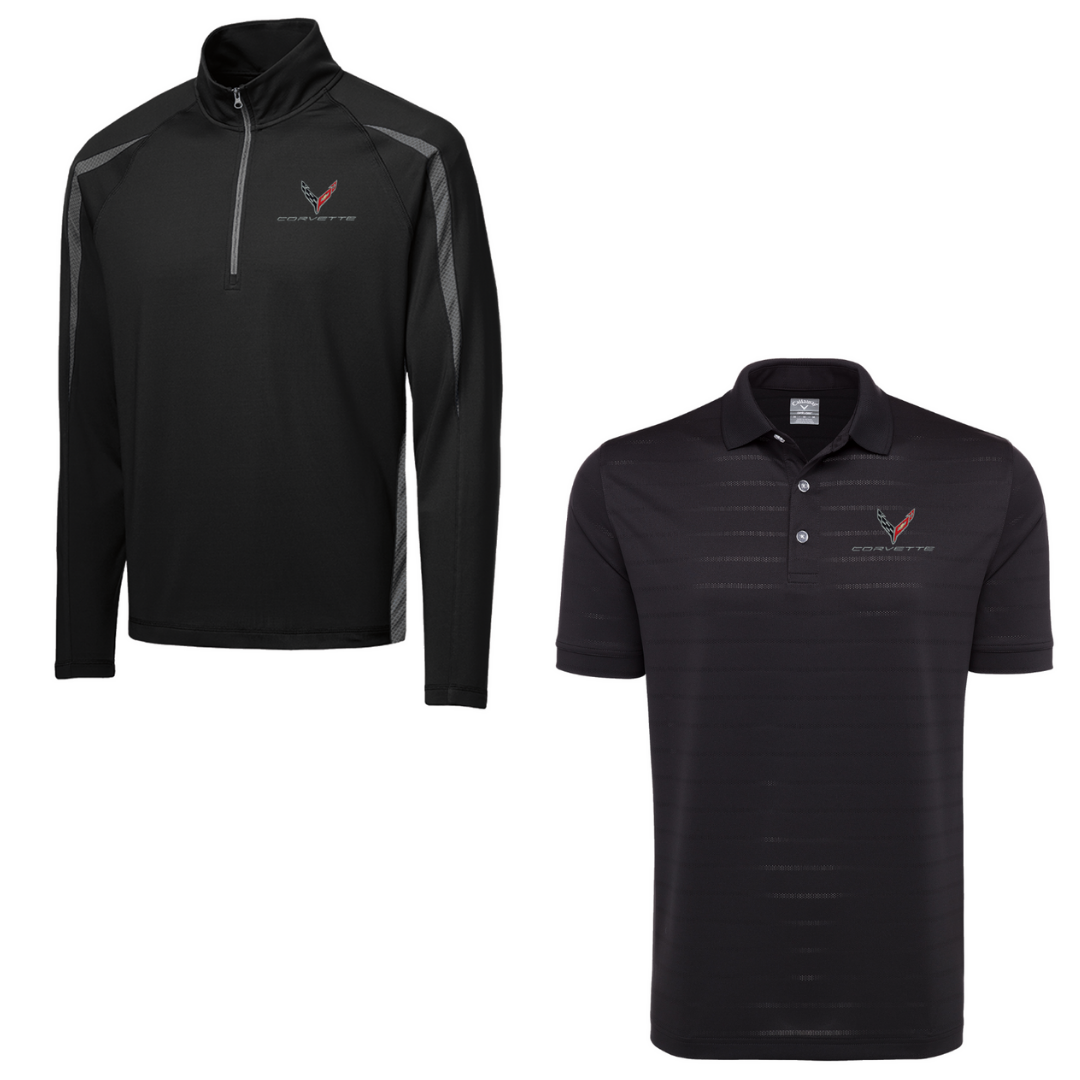 C8 Men's Corvette Stretch Half Zip Pullover & Callaway Opti-Vent Golf Polo Shirt Bundle - Black