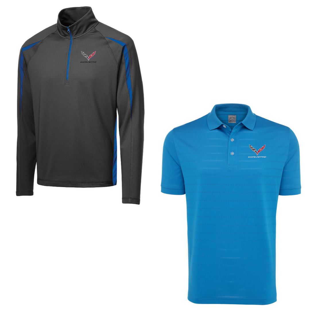 C7 Men's Corvette Stretch Half Zip Pullover & Callaway Opti-Vent Golf Polo Shirt Bundle - Blue