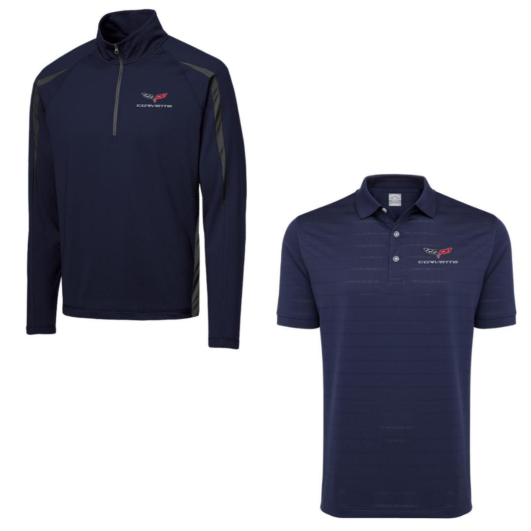 C6 Men's Corvette Stretch Half Zip Pullover & Callaway Opti-Vent Golf Polo Shirt Bundle - Navy