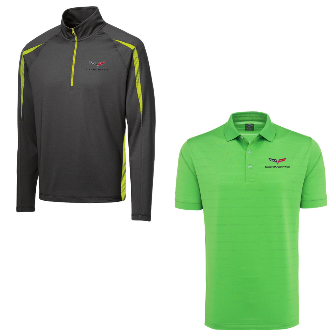 C6 Men's Corvette Stretch Half Zip Pullover & Callaway Opti-Vent Golf Polo Shirt Bundle - Green