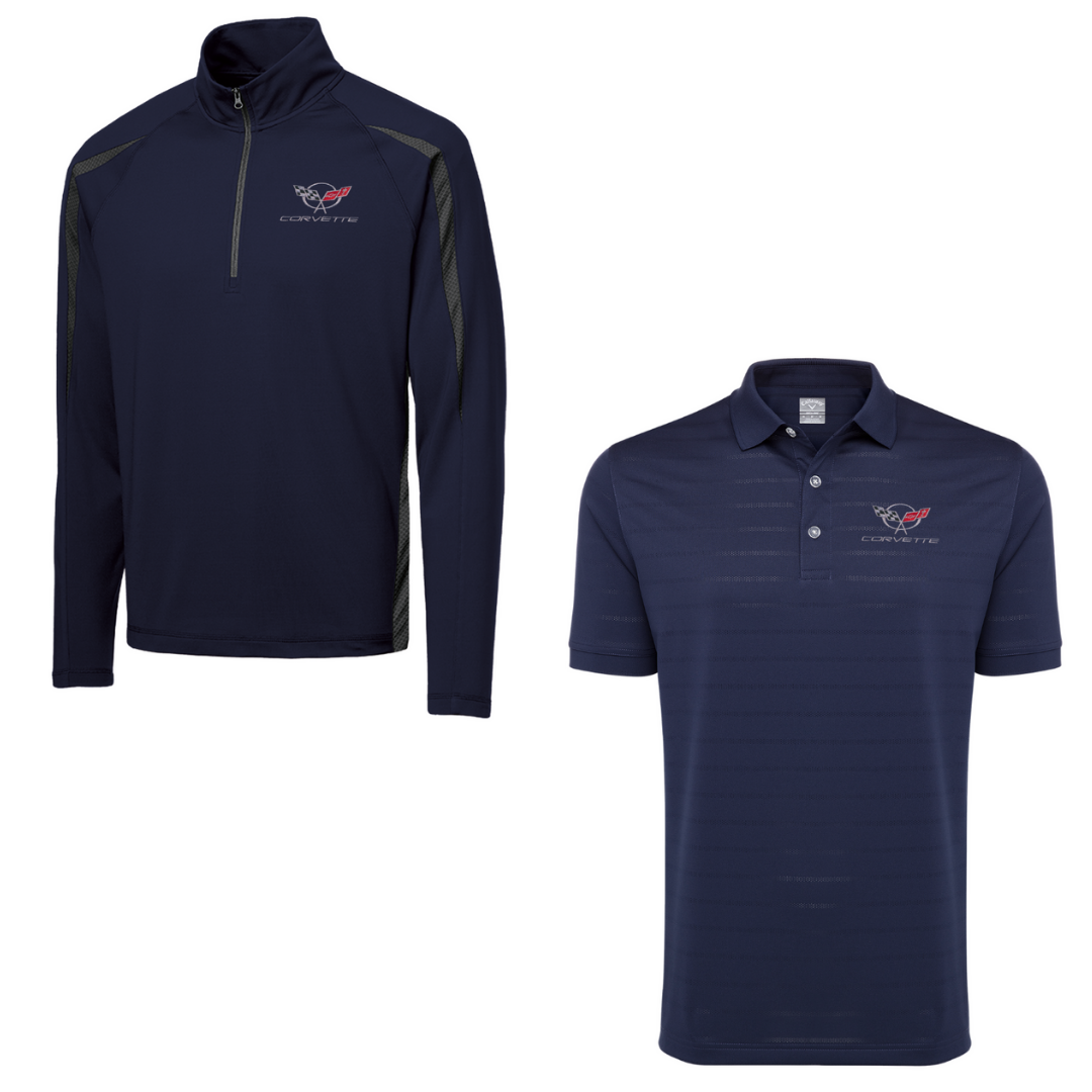 C5 Men's Corvette Stretch Half Zip Pullover & Callaway Opti-Vent Golf Polo Shirt Bundle - Navy