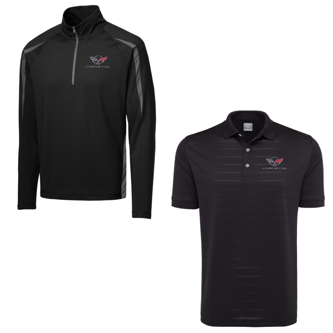 C5 Men's Corvette Stretch Half Zip Pullover & Callaway Opti-Vent Golf Polo Shirt Bundle - Black