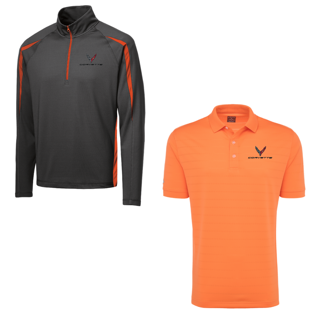 C8 Men's Corvette Stretch Half Zip Pullover & Callaway Opti-Vent Golf Polo Shirt Bundle - Orange