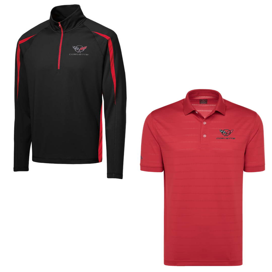 C5 Men's Corvette Stretch Half Zip Pullover & Callaway Opti-Vent Golf Polo Shirt Bundle - Red