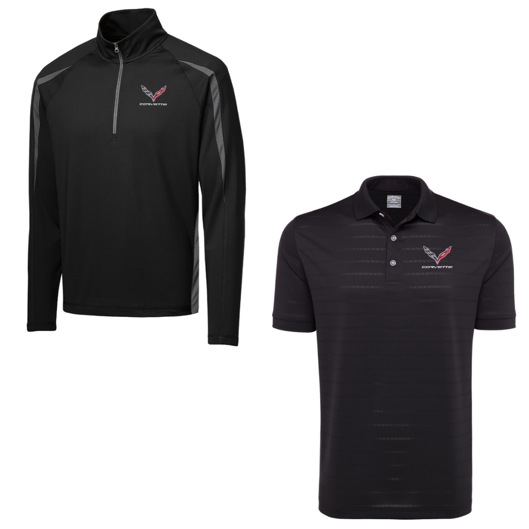 C7 Men's Corvette Stretch Half Zip Pullover & Callaway Opti-Vent Golf Polo Shirt Bundle - Black