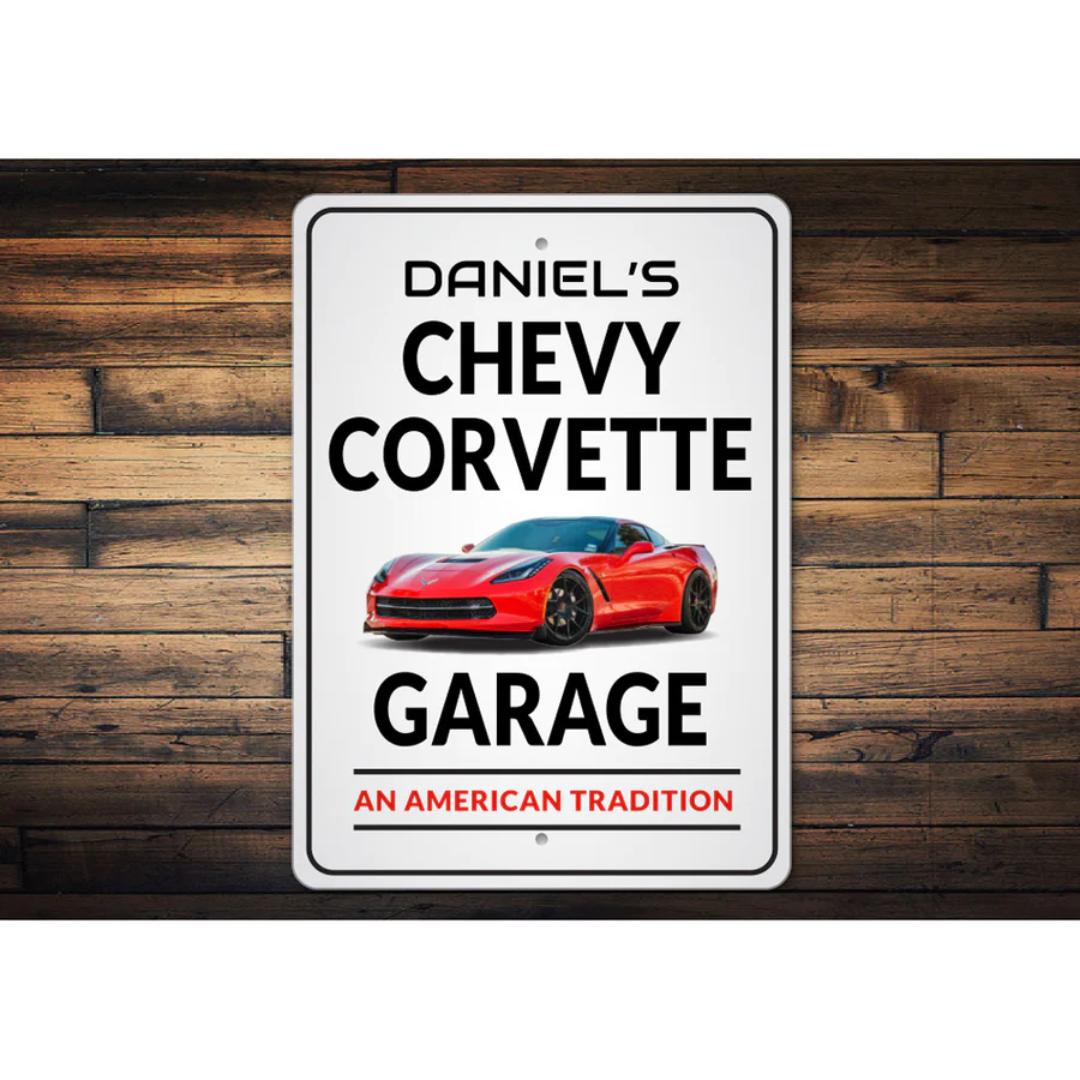 Personalized Chevy Corvette Garage Sign - Aluminum Sign
