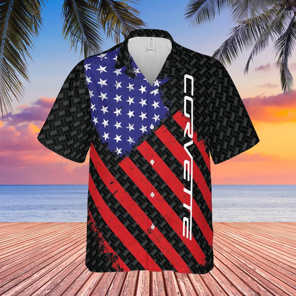 Corvette C6 Script American Flag Carbon Hawaiian Shirt