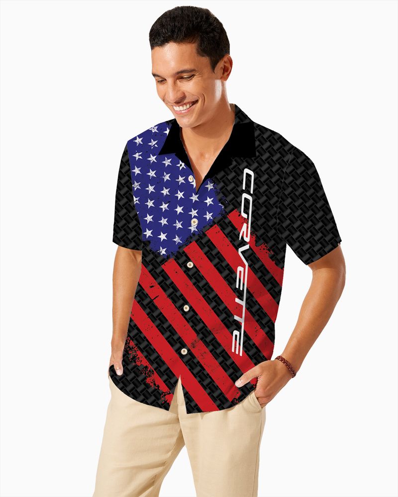 Corvette Script American Flag Carbon Hawaiian Shirt