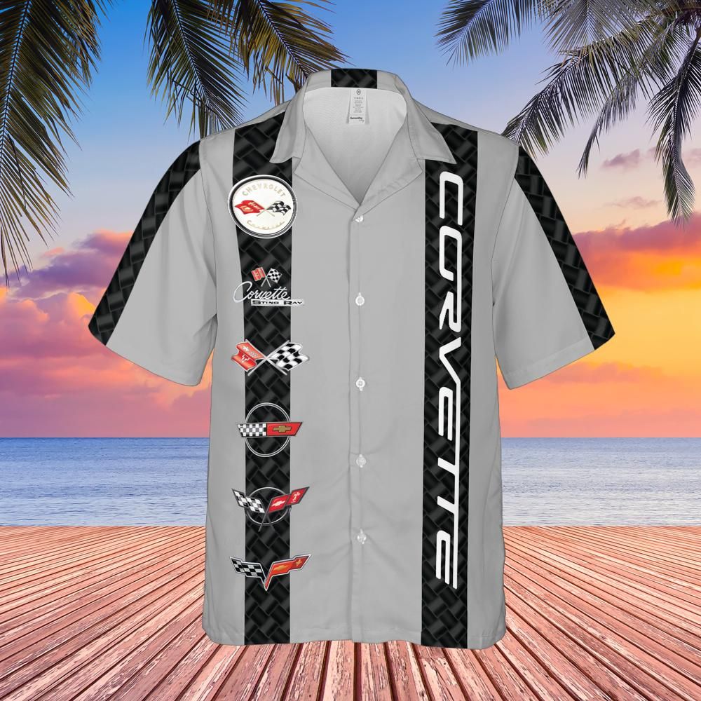 Corvette Generation Logos Light Grey Base with Carbon Stripes Hawaiian Shirt for Men