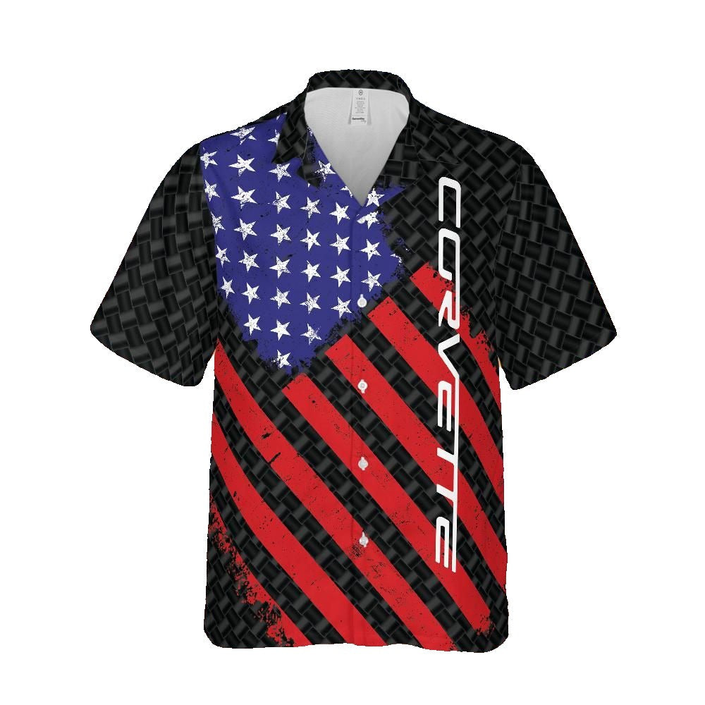 Corvette C6 Script American Flag Carbon Hawaiian Shirt