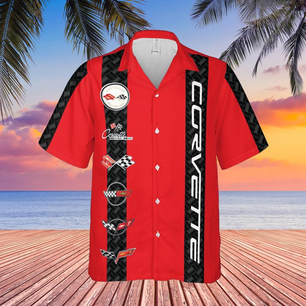 Corvette Generation Logos Red Base with Carbon Stripes Hawaiian Shirt for Men