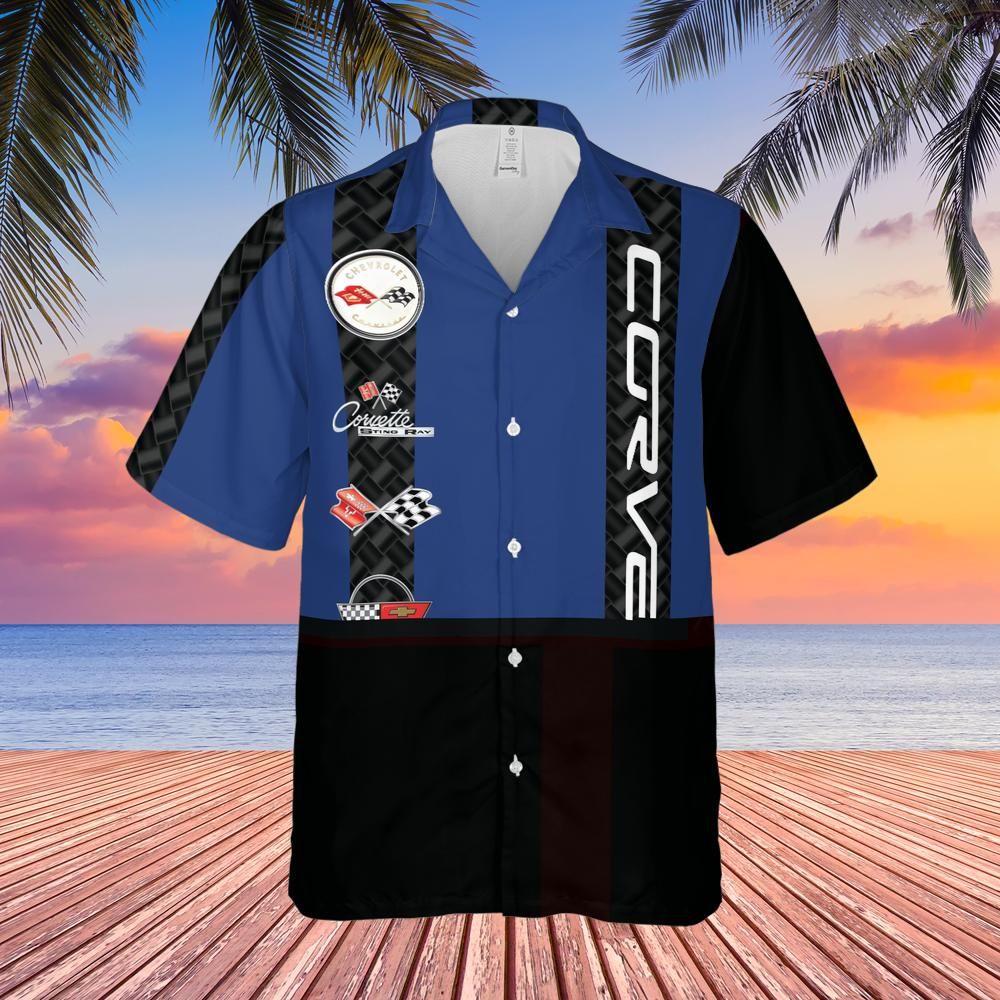 Corvette Generation Logos Blue Base with Carbon Stripes Hawaiian Shirt for Men