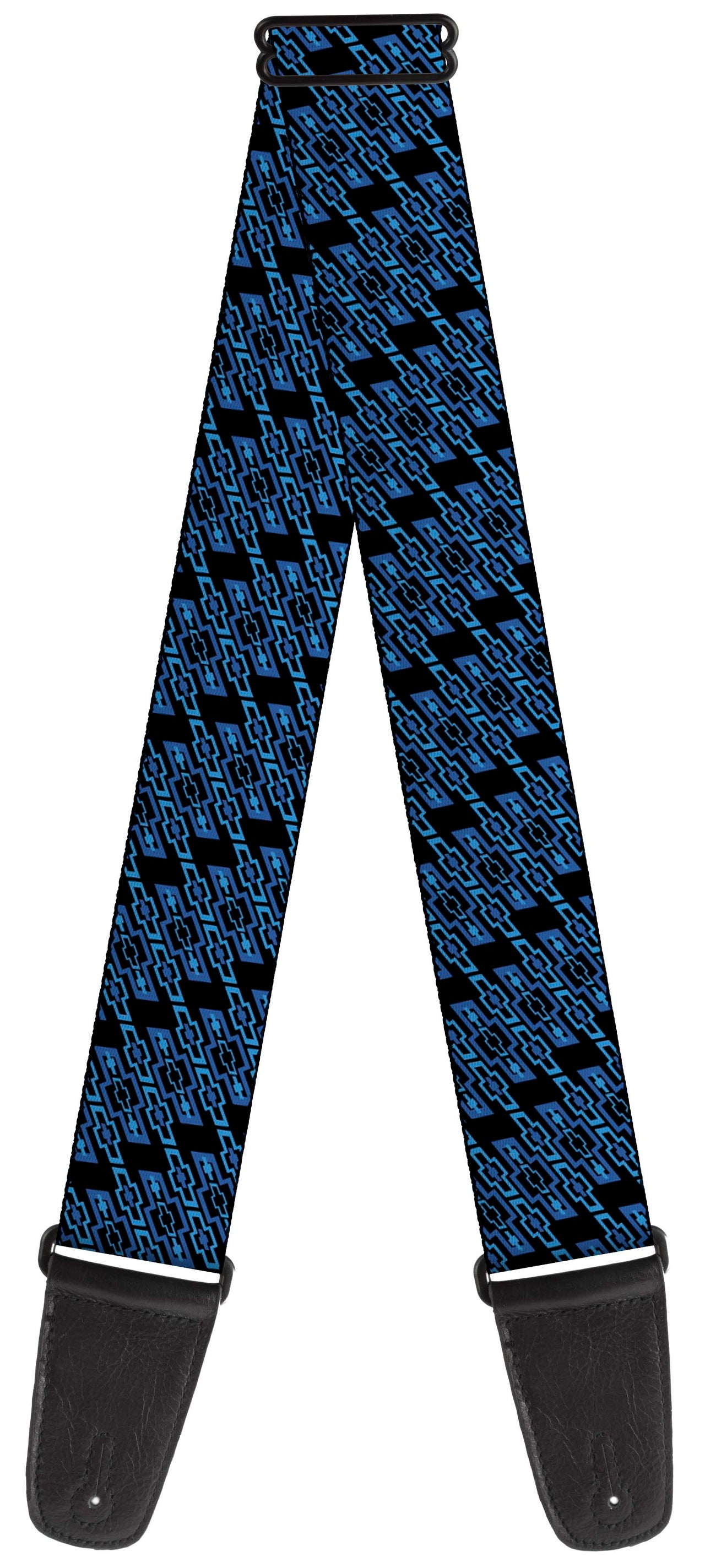 Diagonal Retro Chevy Bowtie Monogram Black & Blue Guitar Strap