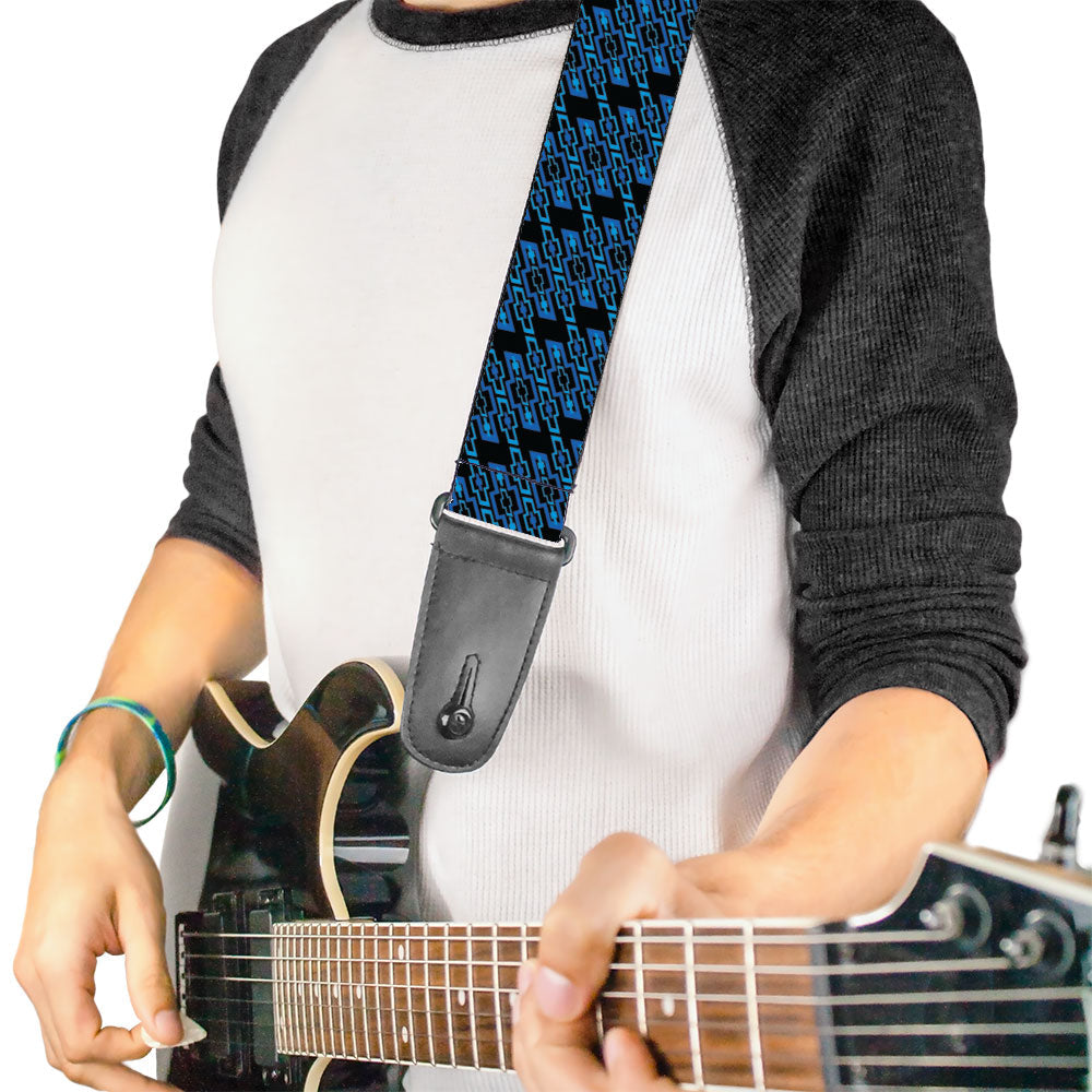 Diagonal Retro Chevy Bowtie Monogram Black & Blue Guitar Strap