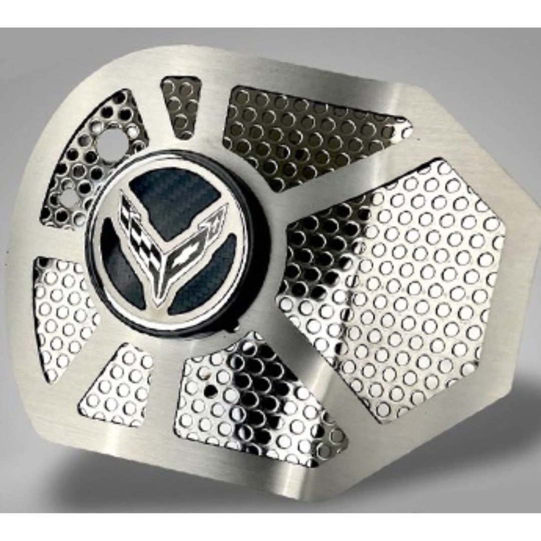 2020-2022 C8 Corvette Coupe - Carbon Fiber w/C8 Emblem Shock Tower Cover Inserts | Perforated Stainless Steel