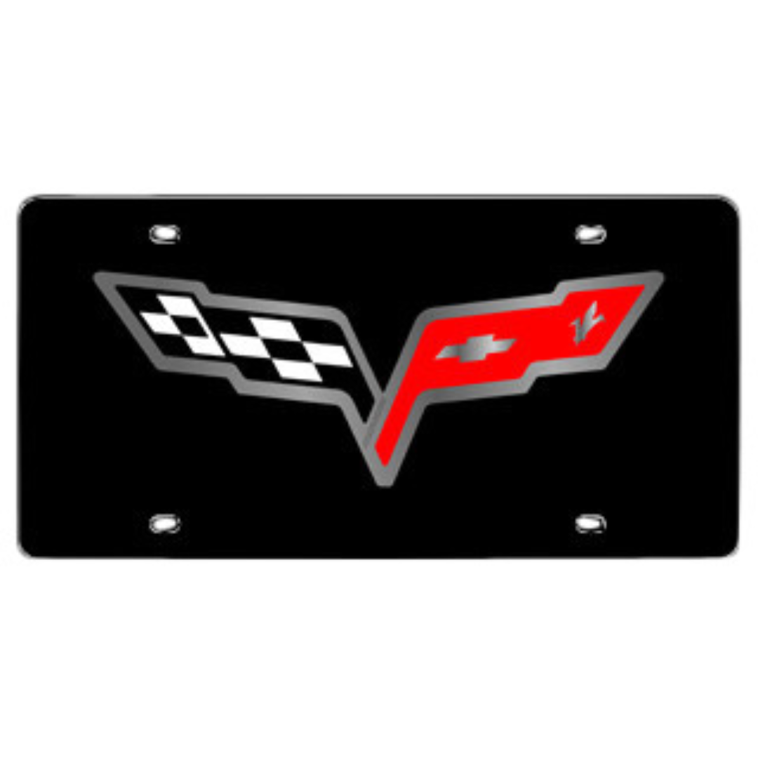 C6 Crossed Flags Corvette Stainless License Plate - Black - CA