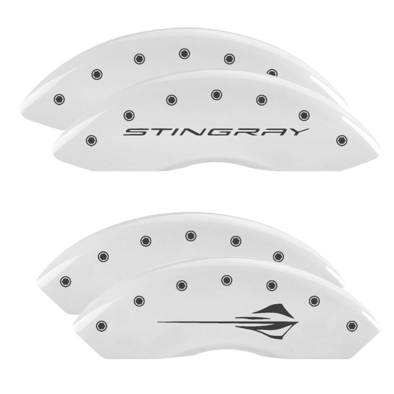 Stingray Wordmark C8 Front / Stingray Emblem Rear, White - C8 Corvette 6-Piece MGP Brake Caliper Covers