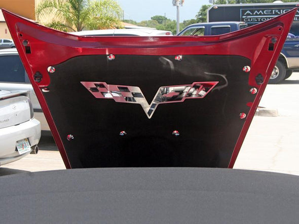 C6 Corvette Crossed Flags Hood Badge  | Factory Hood Pad | Stainless Steel