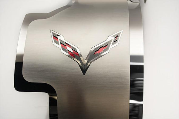 C7 Corvette Alternator Cover Crossed Flags Emblem | Stainless Steel