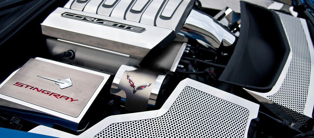 C7 Corvette Alternator Cover Crossed Flags Emblem | Stainless Steel