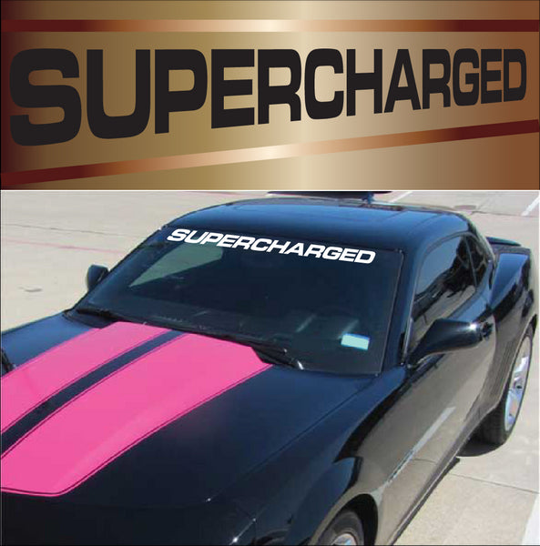 1953-2025 Universal SUPERCHARGED Script Windshield Decal - Solid Lettering - 40in - Gloss Silver - CA