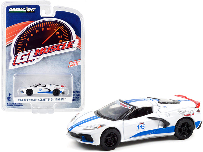 2020 Chevrolet Corvette C8 Stingray #145 White with Blue Stripes "Greenlight Muscle" Series 25 1/64 Diecast Model Car by Greenlight