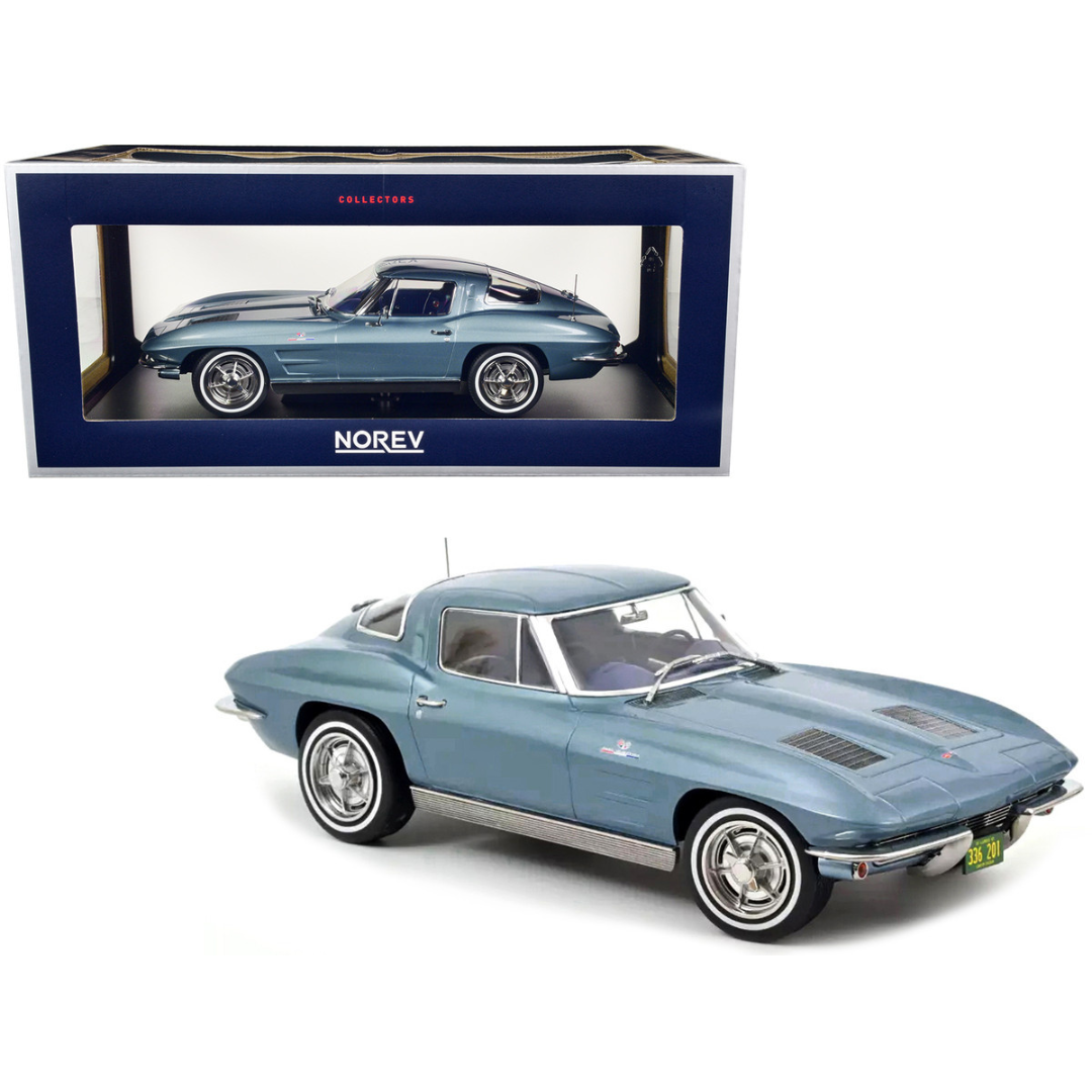 1963 C2 Corvette Stingray Split-Window Coupe Light Blue Metallic 1/18 Diecast Model Car by Norev