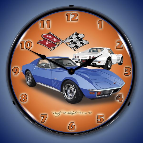 1971 Corvette Stingray Blue Lighted Wall Clock - [Corvette Store Online]