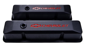 Small-Block-Black-Crinkle-Valve-Covers---Tall---Red-Chevrolet-&-Bowtie-200826-Corvette-Store-Online