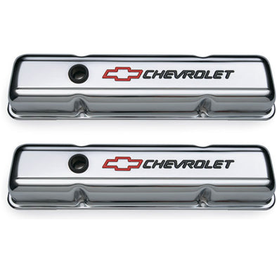 Small-Block-Chrome-Valve-Covers---Short---Black-Chevrolet-&-Red-Bowtie-Inlaid-200831-Corvette-Store-Online