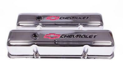 Small-Block-Chrome-Valve-Covers--Tall---Black-Chevrolet-&-Red-Bowtie-Inlaid-200832-Corvette-Store-Online