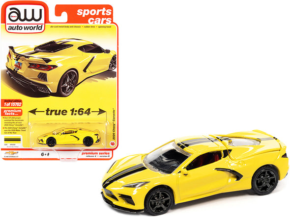 2020-chevrolet-corvette-c8-stingray-accelerate-yellow-with-twin-black-stripes-sports-cars-limited-edition-to-15702-pieces-worldwide-1-64-diecast-model-car-by-autoworld
