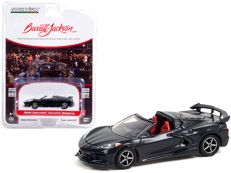 2020-chevrolet-corvette-c8-stingray-convertible-shadow-gray-metallic-with-adrenaline-red-interior-lot-3002-barrett-jackson-scottsdale-edition-series-7-1-64-diecast-model-car-by-greenlight