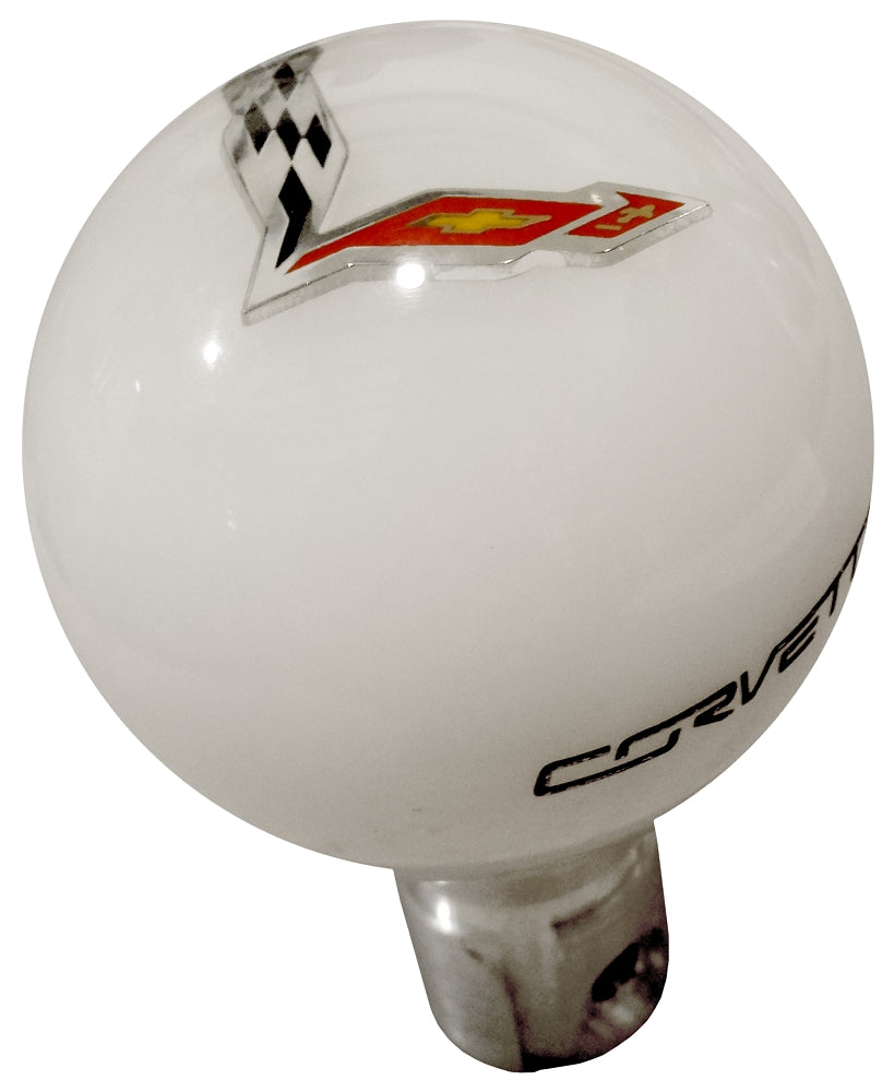 White-Shift-Knob-W/C7-Crossed-Flags-&-Black-Side-Corvette-Script-204476-Corvette-Store-Online