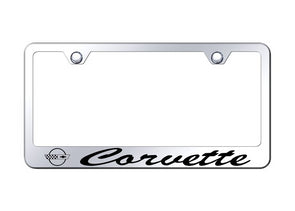 License-Plate-Frame-W/Laser-Etched-Logo-&-Cursive-Script---Mirrored-Chrome-204990-Corvette-Store-Online