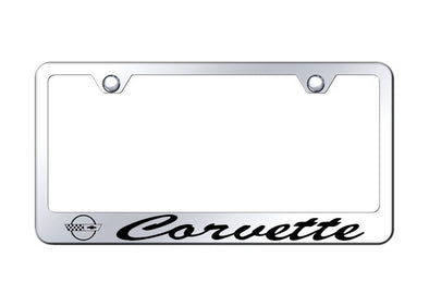 License-Plate-Frame-W/Laser-Etched-Logo-&-Cursive-Script---Mirrored-Chrome-204990-Corvette-Store-Online