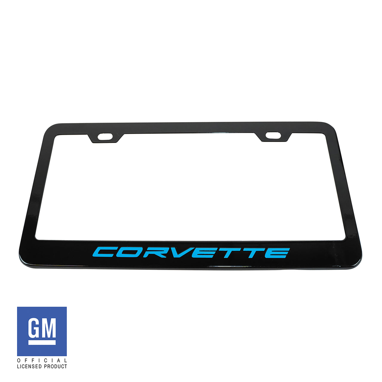 Matte-Black-Metal-License-Plate-Frame-w/Gloss-Rapid-Blue-Corvette-Script-211522-Corvette-Store-Online