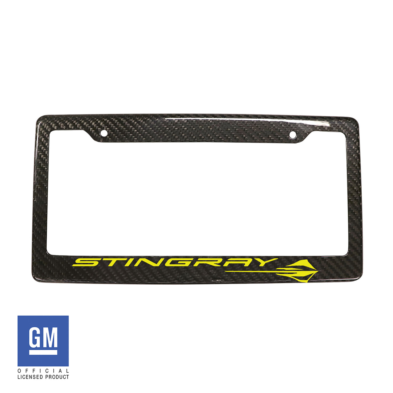 Carbon-Fiber-License-Plate-Frame-w/-Gloss-Yellow-Stingray-Script-&-Logo-211546-Corvette-Store-Online