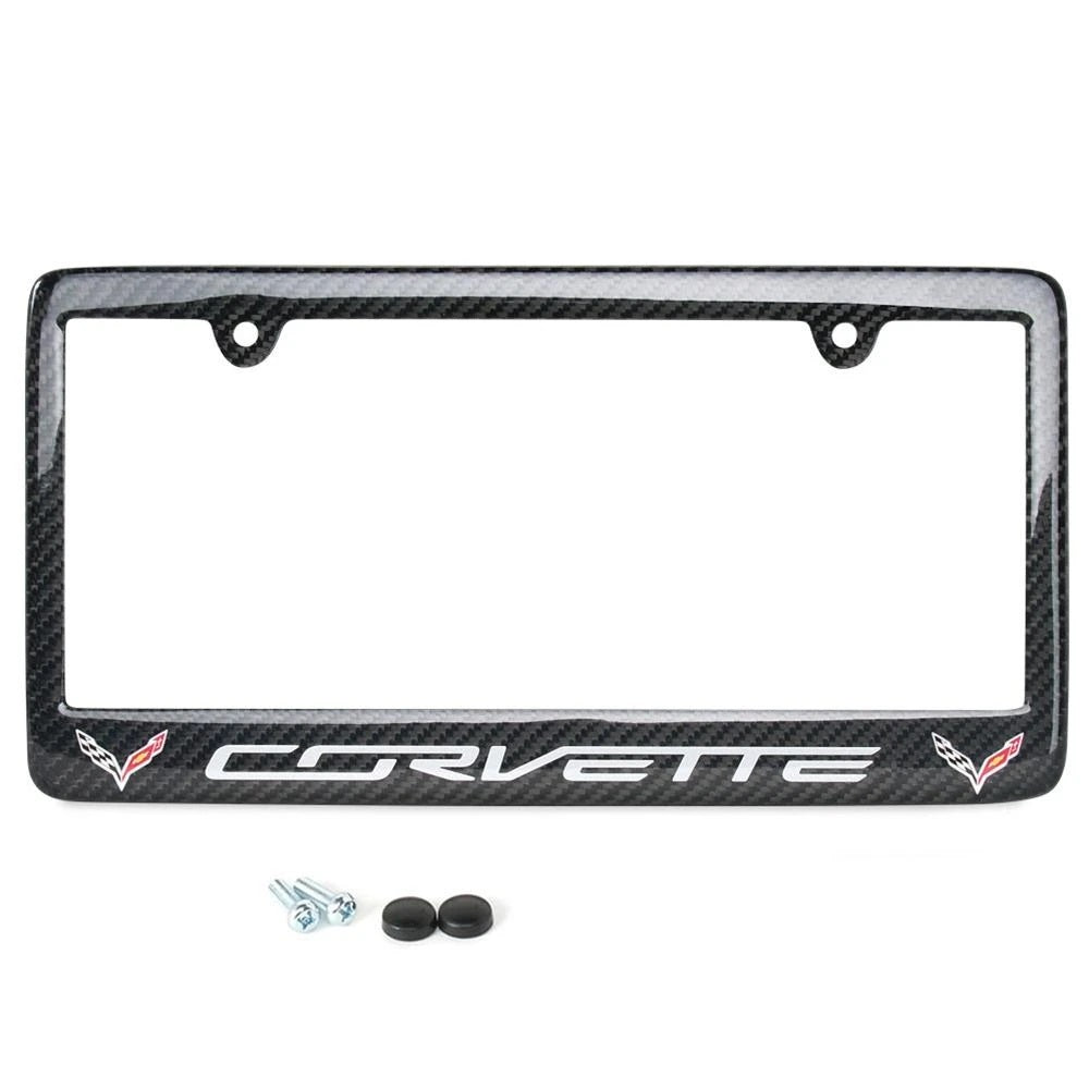 C7 Corvette Carbon Fiber Gray Script w/Double Logo License Plate Frame