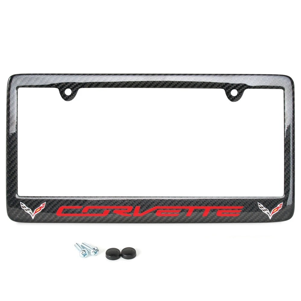 C7 Corvette Carbon Fiber Red Script w/Double Logo License Plate Frame