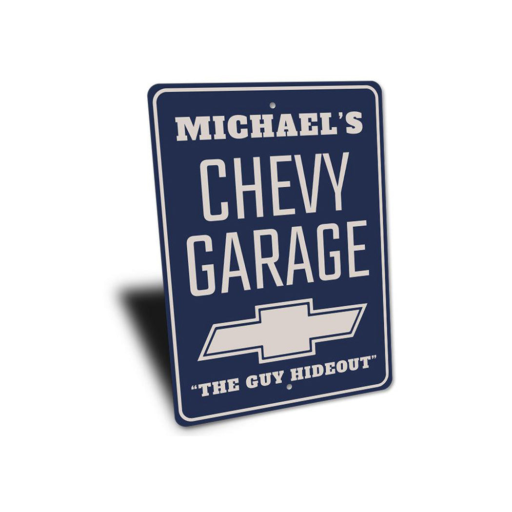 Personalized Chevy Garage The Guy Hideout - Aluminum Sign